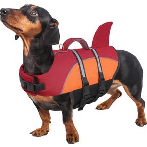 Queenmore Dog Life Jacket Dog Life Vest for Swimming Boating in Pool Lake with Shark Fin, Rescue Handle, Leash Hook, Reflective Strip,Ripstop, Large