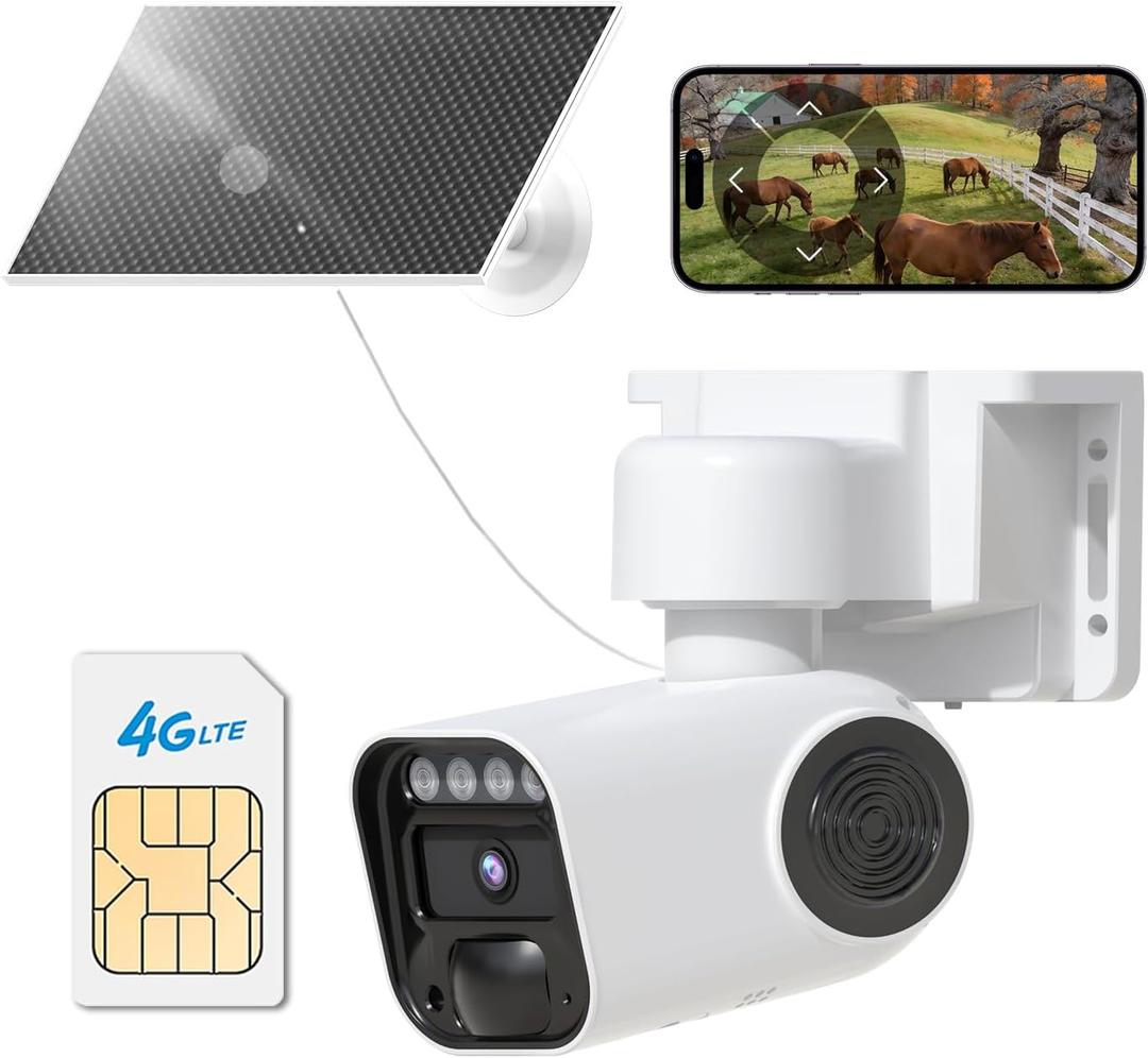 4G LTE Cellular Solar Security Camera Wireless Outdoor, No WiFi Bullet Camera, 1080P HD Color Night Vision, PIR Motion, 2-Way Audio, Alarm, IP65, SD/Cloud, Built-in SIM CardHome Security