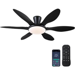 Ceiling Fans with Lights, 51 inch Modern Black Low Profile Ceiling Fan with Light and Remote App Control, Flush Mount, Quiet DC Reversible, Dim Led Ceiling Fan 6 Blade Softer Wind Indoor/Outdoor Patio (Black, Led Light)