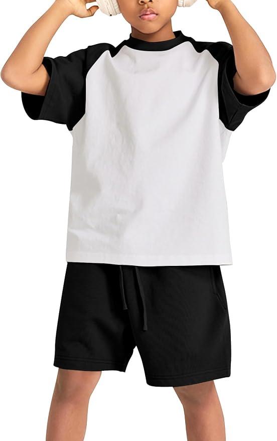 COZYPOIN Boys Girls 2 Piece Summer Outfits Colorblock Short Sleeve Cotton T-Shirts and Shorts Basic Kids Set (White-XS)