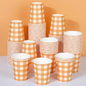 120pcs 9oz Fall Plaid Paper Drinking Cups, Orange Disposable Thanksgiving Gingham Paper Cups Checkered Cups for Harvest Thanksgiving Party