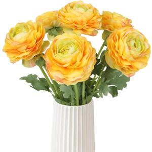 Real Touch Yellow Ranunculus Artificial Flowers 6PCS Artificial Peonies Faux Ranunculus with Stem for DIY Wedding Bouquet Party Table Home Decor(Yellow)