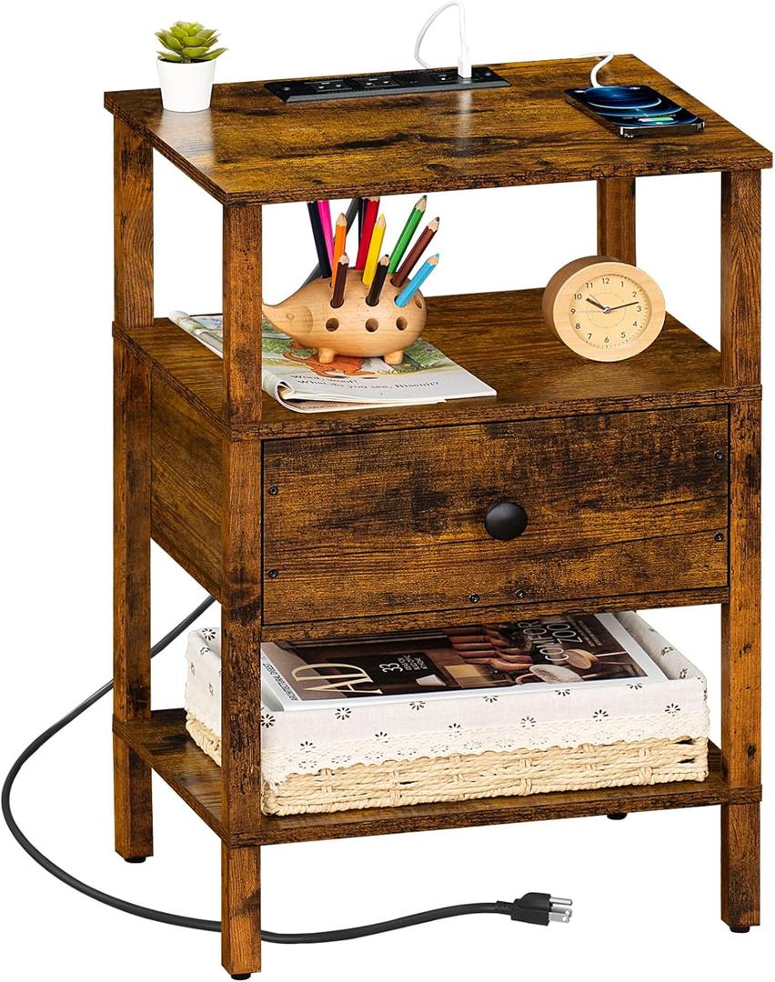 Lerliuo Nightstand with Charging Station and USB Ports, 3-Tier Storage End Table with Drawer Shelf, Night Stand for Small Spaces, Wood Bedside Table for Living Room, Bedroom - Retro Brown (set 1)
