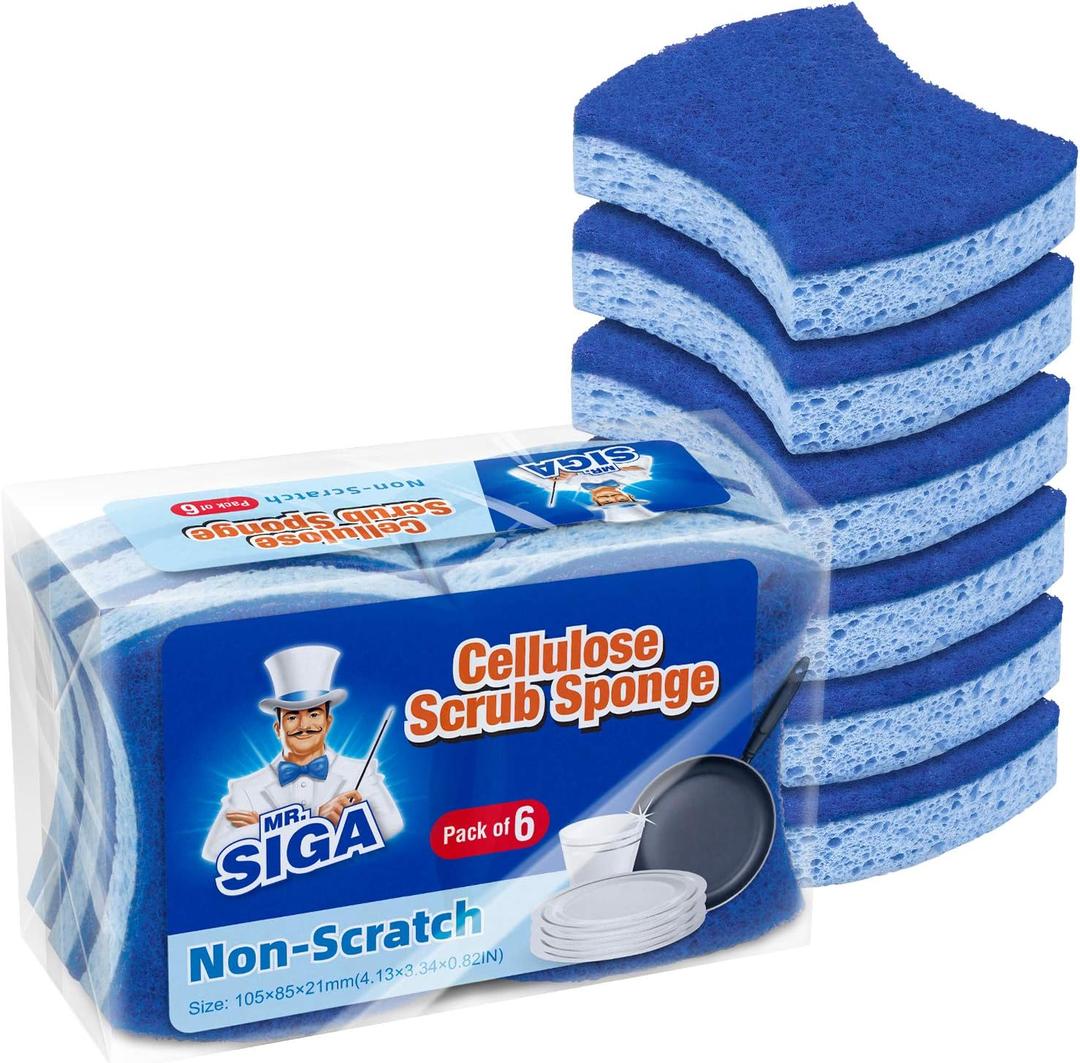 MR.SIGA Non-Scratch Cellulose Scrub Sponge, Dual-Sided Dishwashing Sponge for Kitchen, 12 Pack (4.1x0.8x3.3inch, Royal Blue, Light Blue)
