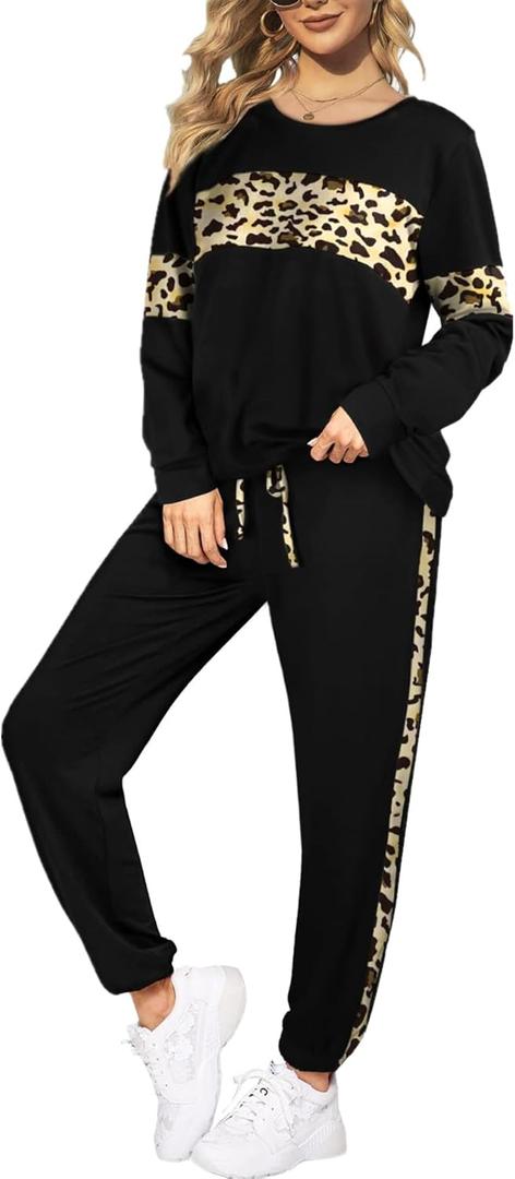Leopard Sweatsuits Women 2 Piece Sets Fall Casual Crew neck Long Sleeve Tops pants Sexy Tracksuit with Pockets (Large, Black)