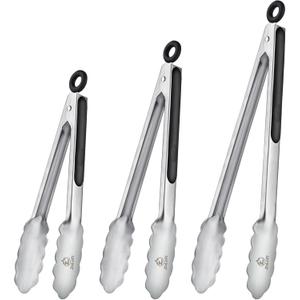 Kitchen Tongs Set, 3 PCS, 12, 9 & 7 Inch | Silicone Grips, Lockable, Stainless Steel, Heat Resistant, For Grill Camping Cooking BBQ