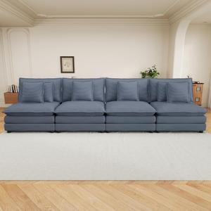 Polibi 141.6" Modern Modular Sofa, Corduroy Sectional Couch with Reversible Chaise & 4 Pillows, Cloud-Like Deep Seat, for Living Room, Blue