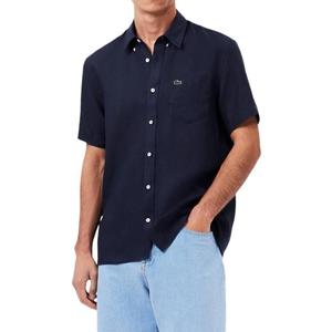 Lacoste Men's Regular Fit Linen Casual Button Down (XX-Large, Navy Blue)