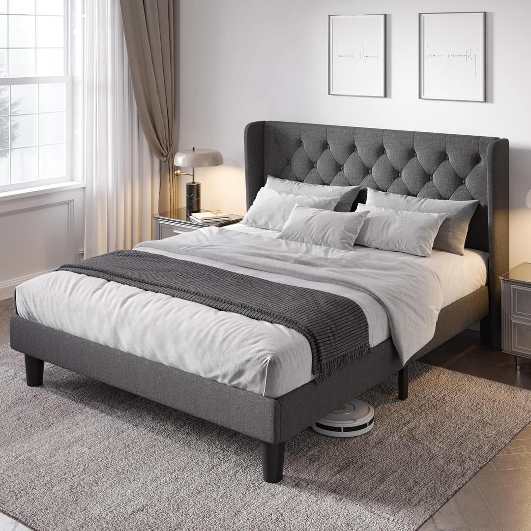 Allewie Queen Size Bed Frame with Button Tufted Wingback Headboard, Upholstered Platform Bed with Wooden Slats Support - No Box Spring Needed, Noise-Free, Easy Assembly, Dark Grey