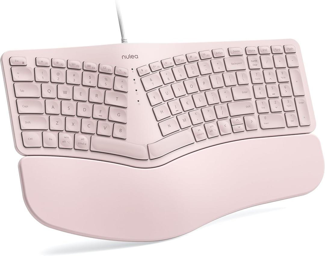 Nulea RT05C Wired Ergonomic Keyboard, Split Keyboard with Cushioned Wrist Rest, Adjustable Tilt Legs, Plug and Play, USB Corded, Compatible with Windows/Mac (Pink)