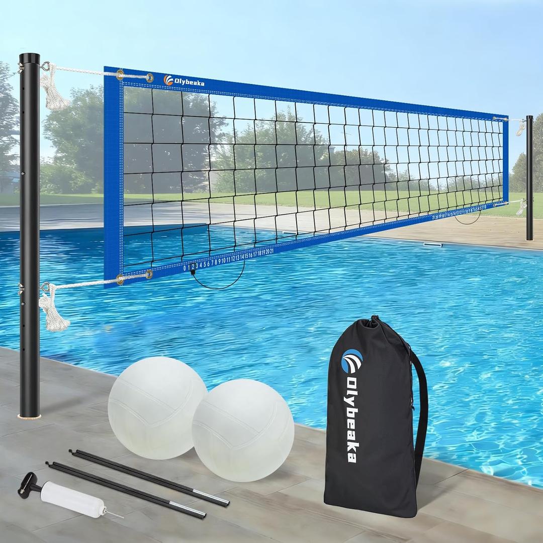Inground Pool Volleyball Net Set with Max 26 FT Adjustable Length, 3 Heights Adjustable Outdoor Volleyball Set for Pool with 2 Volleyballs and Carry Bag