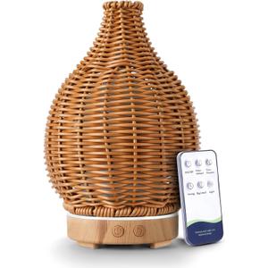 Boho Essential Oil Diffuser for Home Rattan Weaving with Remote Control, 100mL 7 Changing Color Lights Ultrasonic Aroma Humidifier, Noiseless Auto-Off Sleep Mode for Bedroom Office Workout
