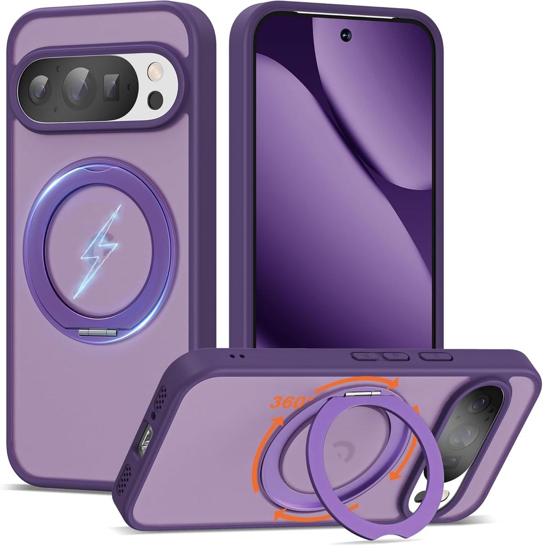 Compatible with Google Pixel 10/Pixel 10 Pro Case with 360 Magnetic Ring Stand [Compatible with Mag-Safe] Shockproof Translucent Phone Case 6.3" for Women Men, Purple