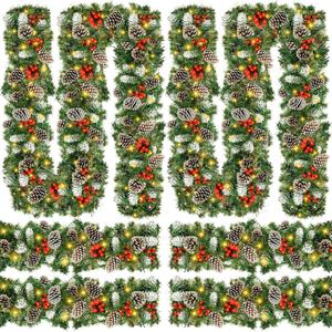 Yunlly 4 Set 9 ft Prelit Christmas Garland with Timer Xmas Artificial Pine Garlands with 8 Mode String Lights for Indoor Fireplace Kitchen Holiday, Total 36 ft(Stylish Style with 100 Lights)