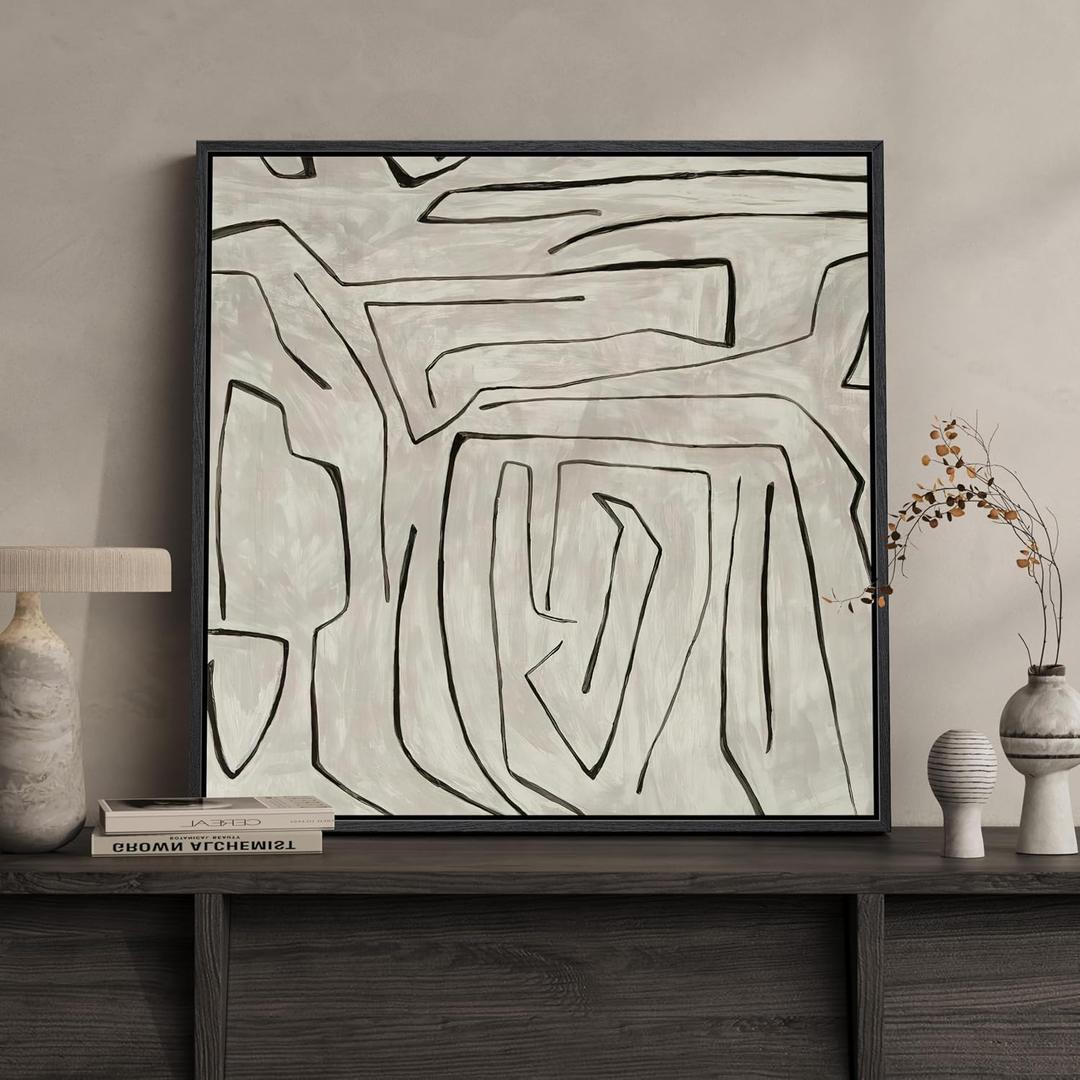 Framed Black and Beige Neutral Abstract Wall Art, Square Modern Canvas Prints Painting Artwork for Walls, Minimalist Abstract Line Picture for Bedroom Dining Lounge Living Room Wall Decor 24x24 In