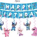 88PCS For Stitch Party Supplies: 6 Hanging Swirls, 20 Napkins, 20 Cups, 20 Plates 9 inch 20 Plates 7 inch, 1 Banner, 1 Tablecloth for Stitch Birthday Party Decorations
