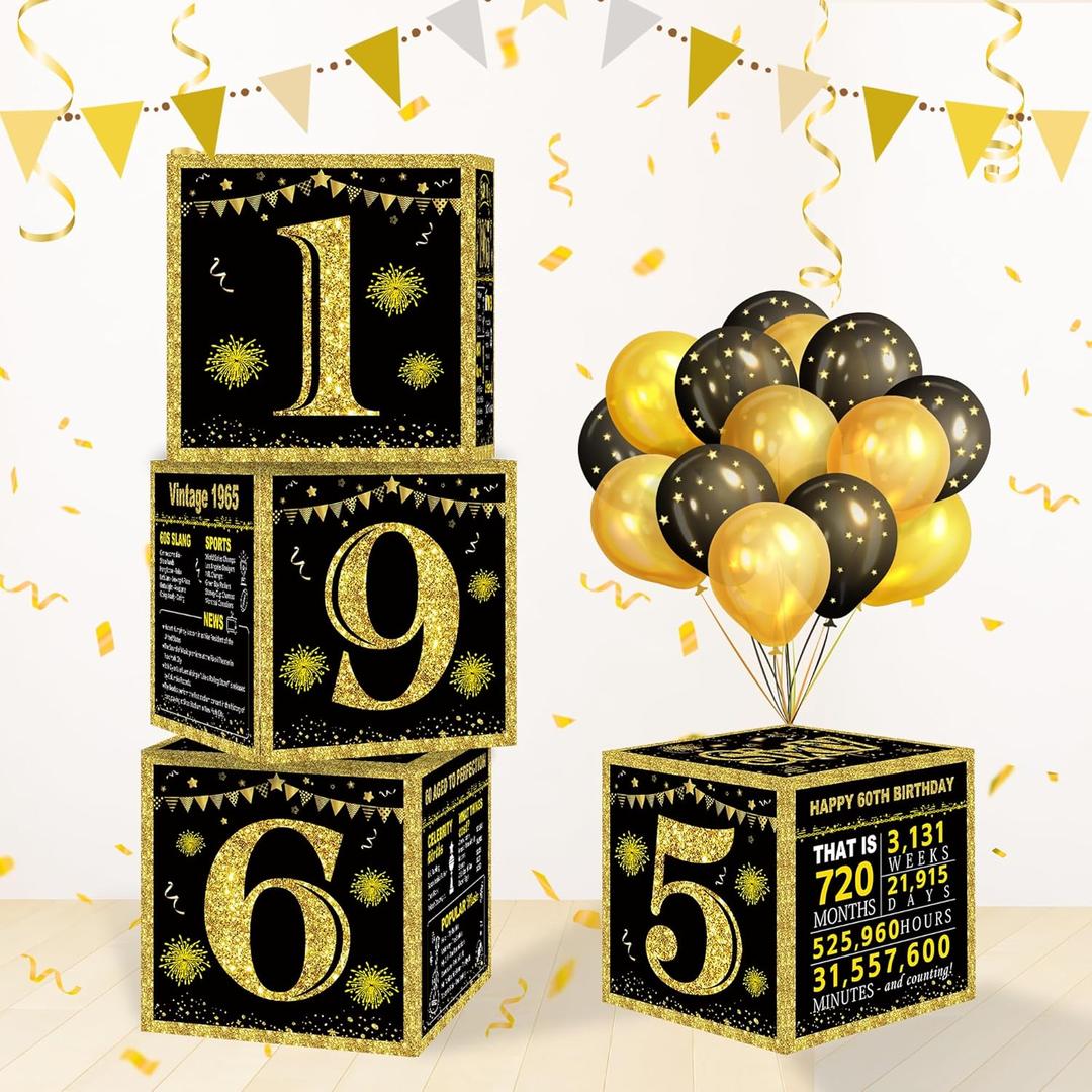 DARUNAXY 60th Birthday Black Gold Party Decorations, 4PCS Back in 1965 60th Birthday Boxes Vintage 1965 Cheers to 60 Years Old Birthday Poster Decor Happy 60th Birthday Supplies Party for Men & Women