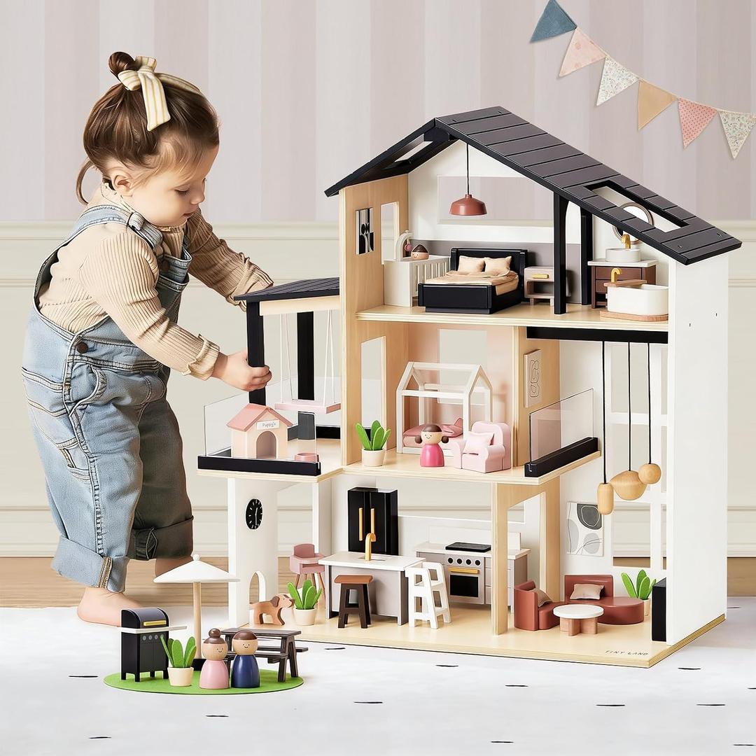 Tiny Land Doll House, Modern Family Dollhouse with Realistic Design, Wooden Dollhouse with 53Pcs Furniture - Ideal Gift for Kids Ages 3+, One Size