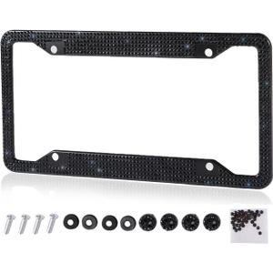 Fashion Handmade 4 Holes Black Crystal License Plate Frames,Premium US Universal Bling License Plate Holder,Waterproof Rhinestone License Plate Cover(1 Frame)