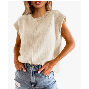 Saodimallsu Womens Summer Cap Sleeve Tops Casual Crew Neck Loose Fit Knit Lightweight Sweater Pullover Top S