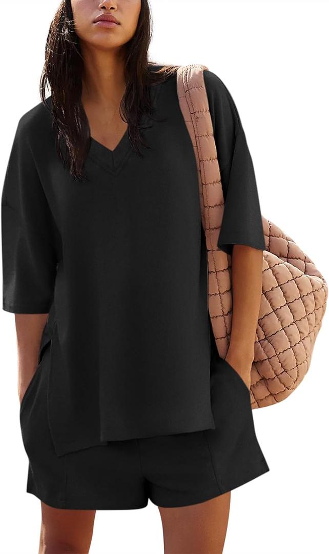Yousify Womens 2 Piece Sets Summer Outfits 2025 Lounge Set 3/4 Sleeve Oversized Tops And Elastic Waist Shorts With Pockets (Small, Black)