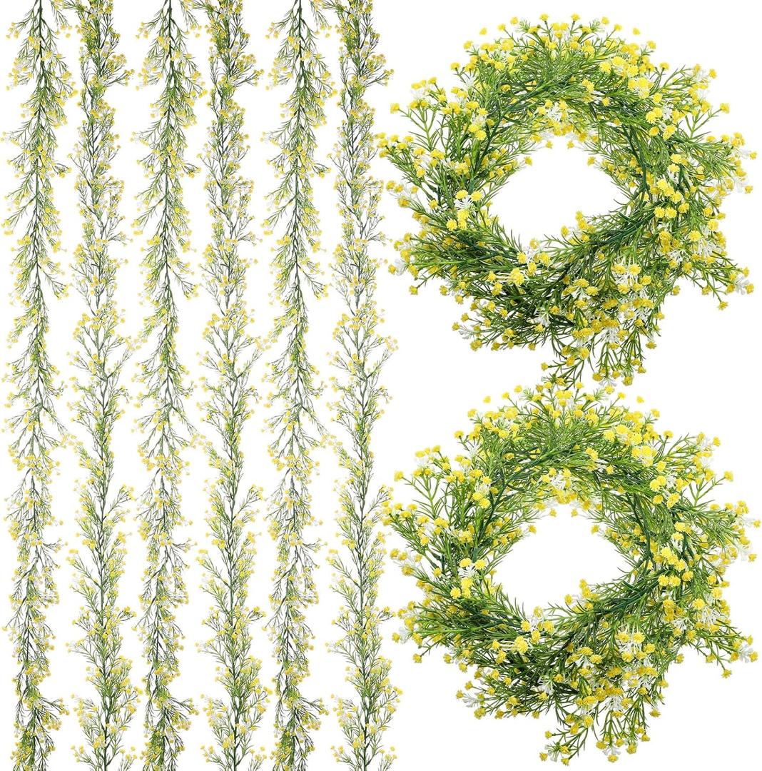 Lyrow 6 Pcs Artificial Baby Breath Flower Vines 5.9ft Faux Hanging Gypsophila Greenery Garland Vines Fake Bulk Baby Breath Garland for Wedding Party Table Home Backdrop Wall Decor (Yellow)