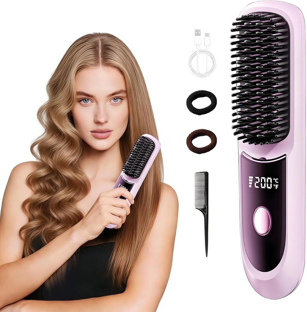 Cordless Straight Hair Brush, 3 Heat Settings & LED Display, Negative Ion & Ceramic Technology, Portable Travel Hair Straightener for All Hair Types (Purple)