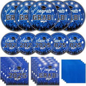 200 Pcs Graduation Party Plates and Napkins 2025 Graduation Decoration Blue Disposable Paper Plates Luncheon Napkin Cocktail Napkins for Graduations Party Decoration,Serve 50 Guests