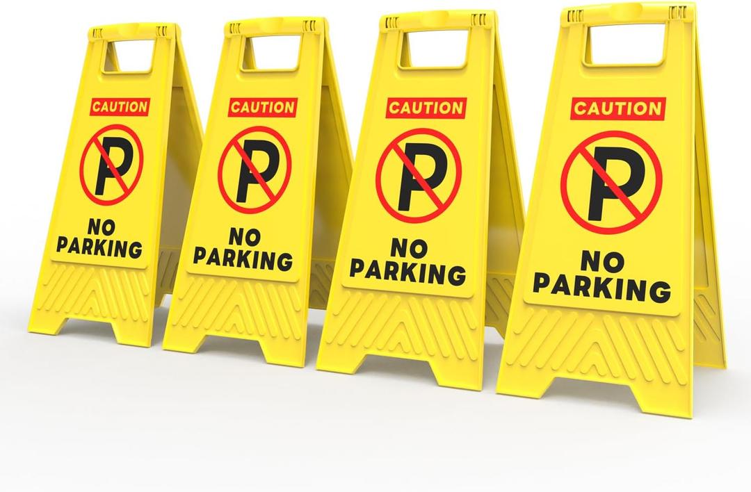 Henka 4-Pack No Parking Sign, 24 Inch Height, Double Sided A-Shaped Frame No Parking Sign, Folding No Parking Signs for Outside, Lawn, Driveway, Garage, Yard, Fire Lane - Bright Yellow