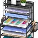 7 Tier Desk File Organizer, Black Metal Letter Tray Paper Organizer with Pull-Out Drawer, Removable Pen Holder & Hanging Basket, Vertical Desktop File Holder for Home Office, Classroom