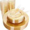 WDF 150pcs Gold Glitter Plastic Plates with Gold Plastic Silverware - Gold Glitter Plates include 25 Dinner Plates,25 Salad Plates,25 Forks, 25 Knives, 25 Spoons,10oz Plastic Cups for Wedding, Party