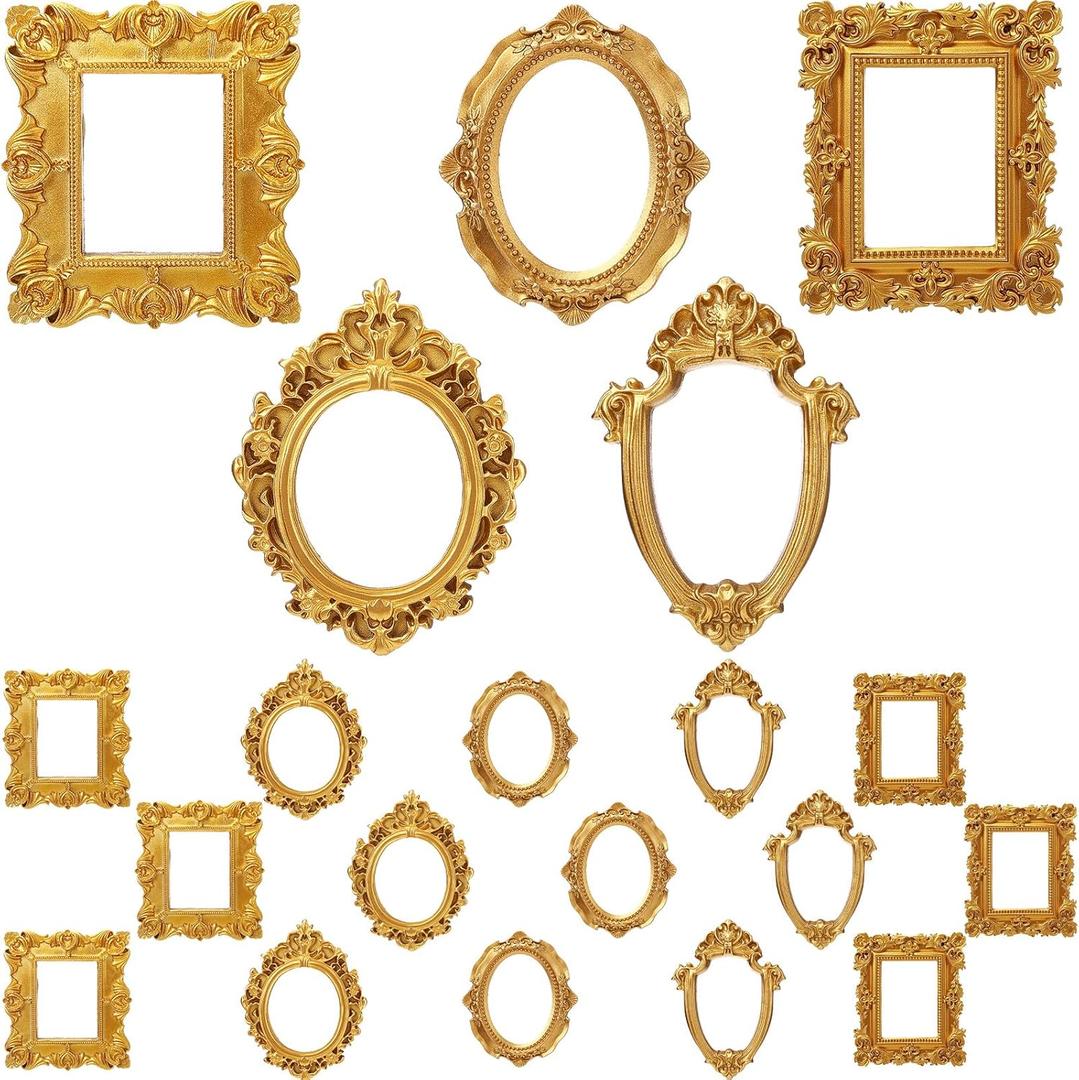 Vicenpal 20 Pcs Mini Gold Picture Frames Vintage Resin Tiny Photo Frame Antique Miniature Mini Vintage Picture Frame for Jewelry Display DIY Nail Photography Home Hotel Wedding Christmas Tree Decor