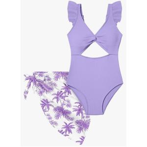 Girls One Piece Swimsuit Cut Out Ruffle Bathing Suit Twist V Neck Swimwear Solid Color with Cover Up Skirt 11-12 Y