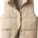 Womens Corduroy Puffer Vest Stand Collar Zip Snap Button Sleeveless Warm Waistcoat Padded Gilet (X-Large, Apricot)
