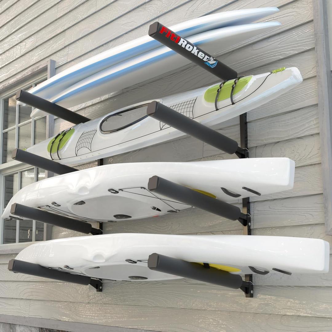 Kayak Wall Rack, Heavy Duty Wall Mount Storage Rack for Multiple Kayaks, with Adjustable Arm Height, 200lbs Per Level, Rubber-Sleeve Protection, Fits Kayak Canoe SUP Paddle Board