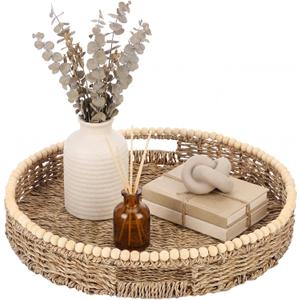 Round Wicker Tray 16'' Large Seagrass Tray Decor with Wooden Beads and Handles, Woven Dining Room Decor for Kitchen Counter, Living Room, Bedroom (Seagrass)