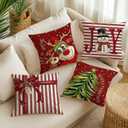 Christmas Decorative Throw Pillow Covers, 18x18 inch, Set of 4, Red Holiday Design with Reindeer and Snowman, 100% Polyester, Christmas Pillow Covers