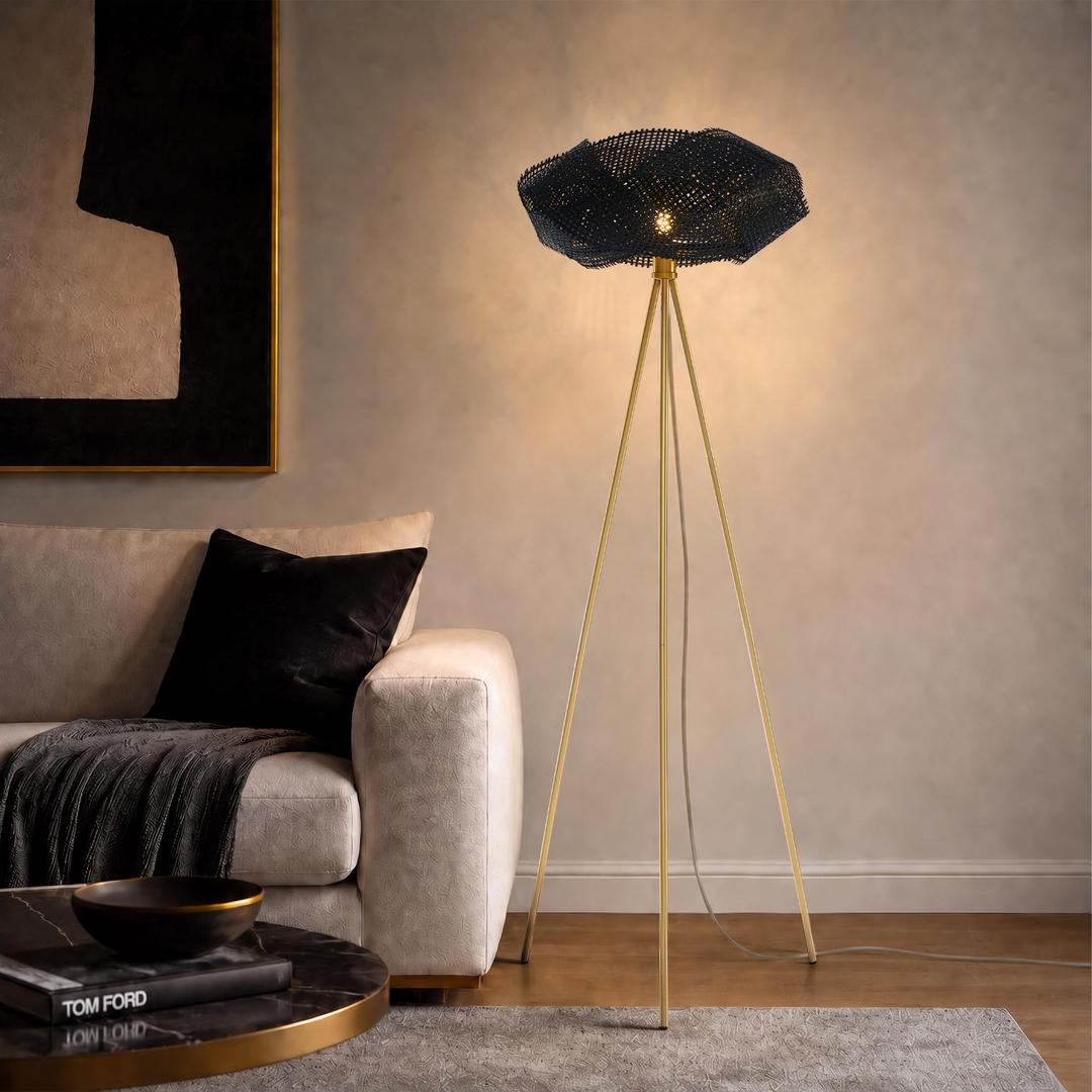 Booniture Tripod Floor Lamp for Living Room, Boho Bamboo Standing Lamp