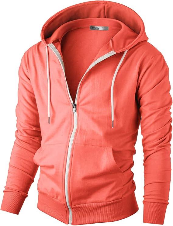 Ohoo Men's French Terry Full-Zip Hooded Sweatshirt with Pockets Lightweight Zip Up Slim Fit Hoodie S