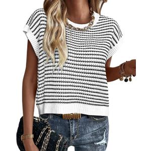 PRETTYGARDEN Womens Short Sleeve Sweater Spring Summer 2025 Round Neck Striped Pullover Cap Sleeve Knit Sweater Vest Tops (Medium, White)