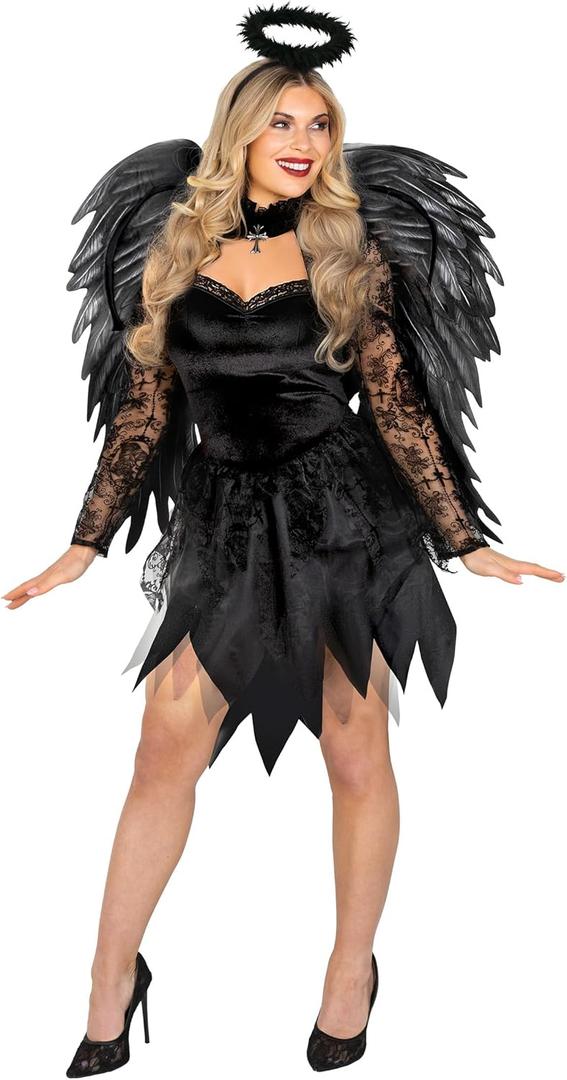 Morph Fallen Angel Costume Women With Black Wings Adult, Halloween Costumes For Women, Angel Costume For Woman (Medium)