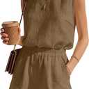 Ficerd Womens 2 Piece Summer Outfits Linen Short Sets Round Neck Sleeveless Tank Top Elastic High Waisted Shorts with Pockets(Khaki, Small)