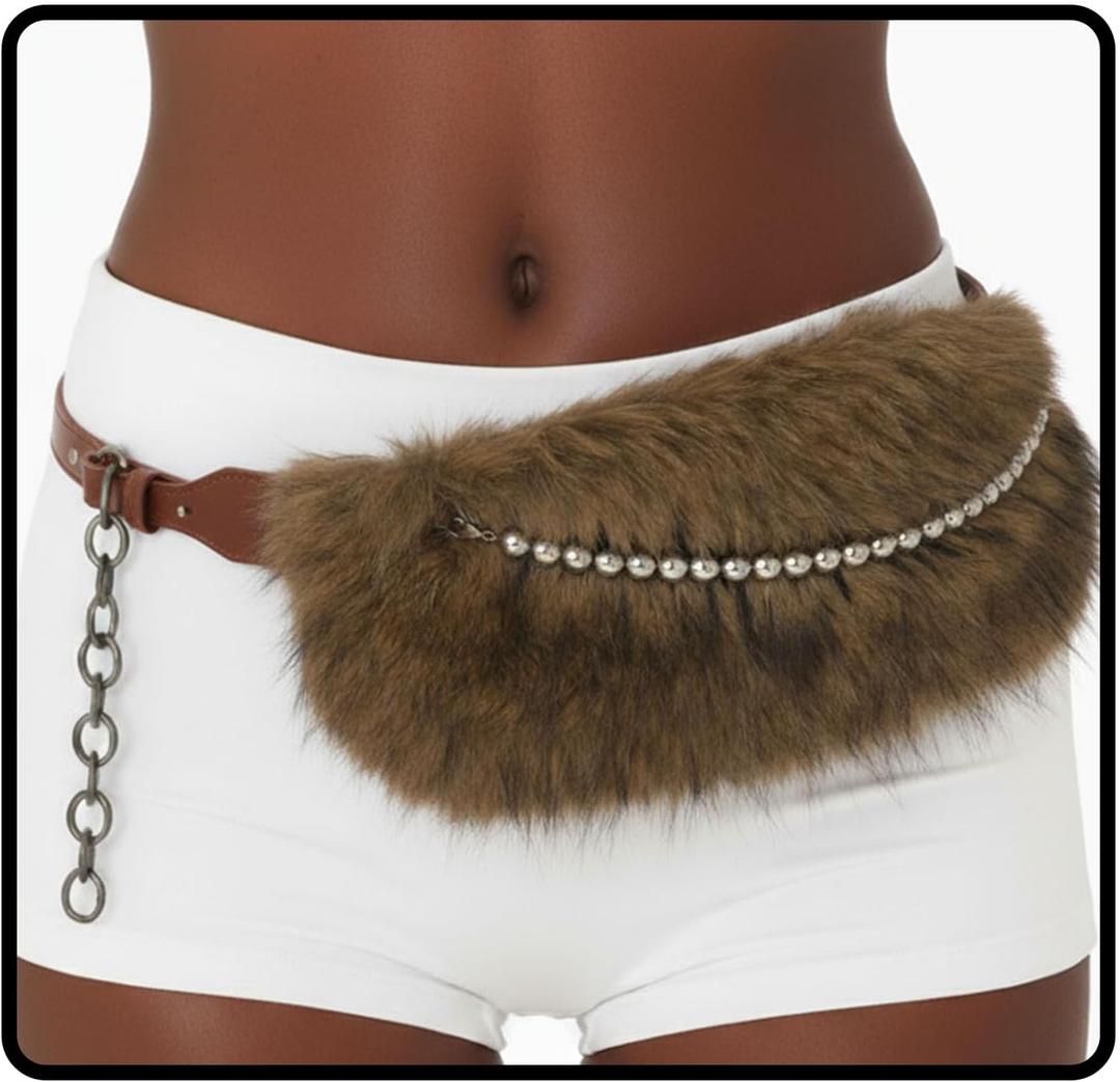 Fur Leather Belt Women Furry Belt Wide Chunky Waist Chain Belts Fashion Accessories for Dresses and Pants (Brown 2)