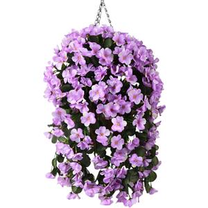 Artificial Flowers Hanging Baskets, 4 Pcs Begonia Flower Outdoor Hanging Basket Spring Summer Decoration, Realistic Fake Flowers Plants for Porch Patio Balcony Yard Home Decor(Light Purple)