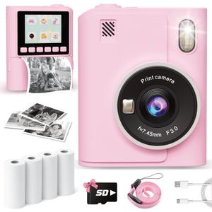 Instant Print Camera for Kids, 1080P Instant Digital Print Cameras for Toddler, Portable Toy for 4 5 6 7 8 9 10 Year Old Girl, Christmas Birthday Gifts for Girls Boys with SD Card Pink