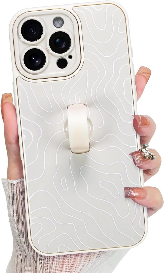 KANGHAR Compatible with iPhone 16 Pro Max Case, Silicone Wave Ripple Cute Pattern, Wristband Kickstand Camera Protection Soft Slim Cover for Girls Women -White