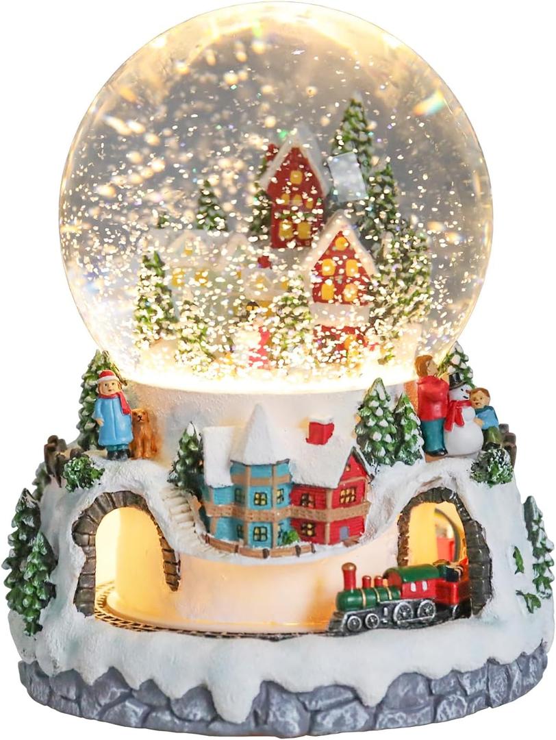Christmas Village Snow Globes, Church House with Moving Train Musical Snow Globe Swirling Glittering Water Globes Christmas Birthday Gift for Girls Kids Daughters