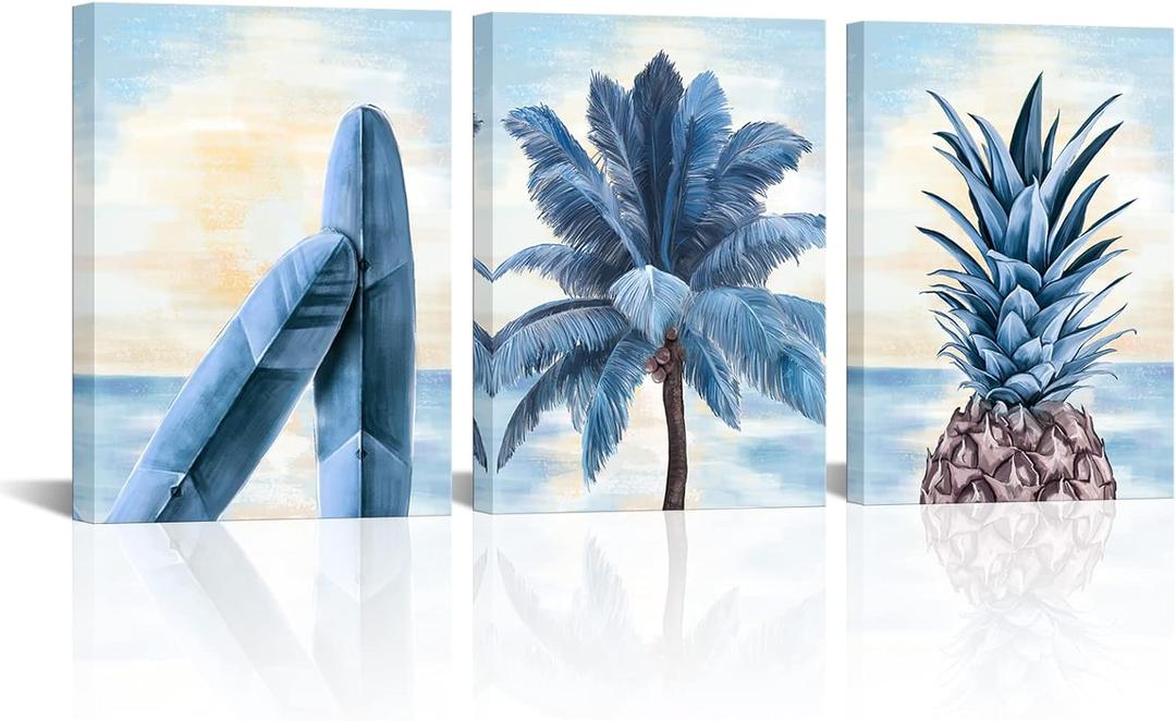 LoveHouse Beach Palm Trees Canvas Wall Art Hawaii Coastal Seascape Artwork Pineapple Surfboard Pictures Prints (Blue)