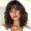 ENTRANCED STYLES Brown Highlight Wig with Bangs for Women Short Wavy Curly Brown Bob Wigs Medium Length 14 inch Synthetic Hair for Daily Party Use (Brown Mix Blonde)