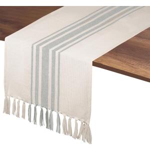 Native Fab Gray Stripe Table Runner - 108 Inches Long Boho Table Covers with Tassels - 100% Cotton, Tight Weave, Non Slip Tablerunner for Dining, Kitchen, Wedding, 14"x108" - Light Grey & White